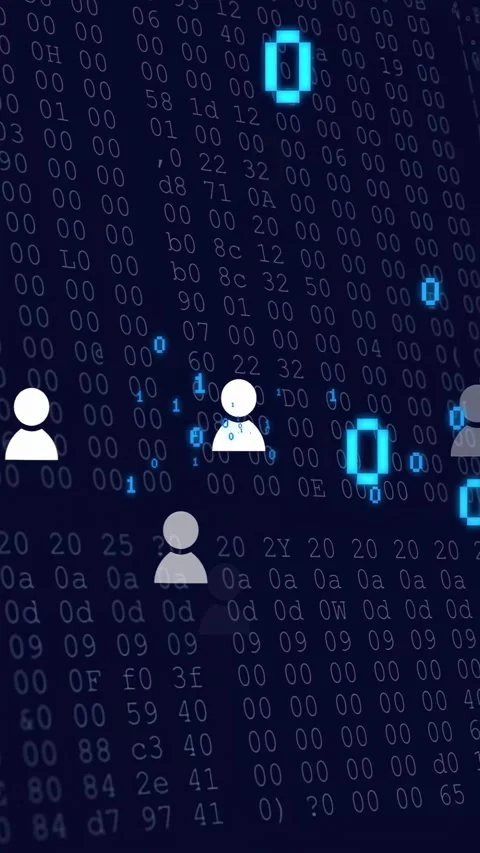 Vertical video: Binary flowing in causing users fading and grouping over hex Stock Footage 332644520