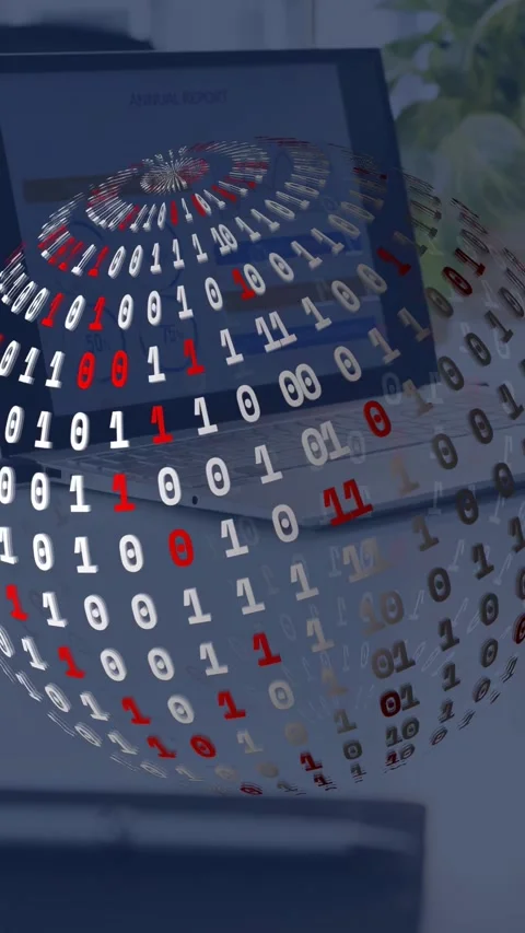 Vertical video: Binary globe emerging above laptop rotating and sliding Stock Footage 335355398