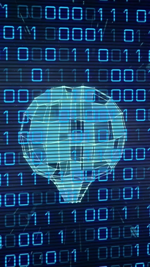 Vertical video: As binary grid flickering, cyan holo fading, rotating, Stock Footage 334378190