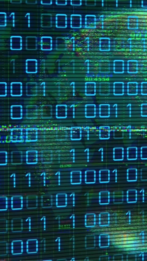 Vertical video: Binary grid scrolling on scan, green glitches drift, digits 스톡 동영상 329612902