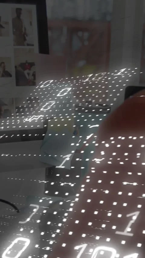Vertical video: Binary grid sweeping across screen woman waving hand through it Stock Footage 330604877