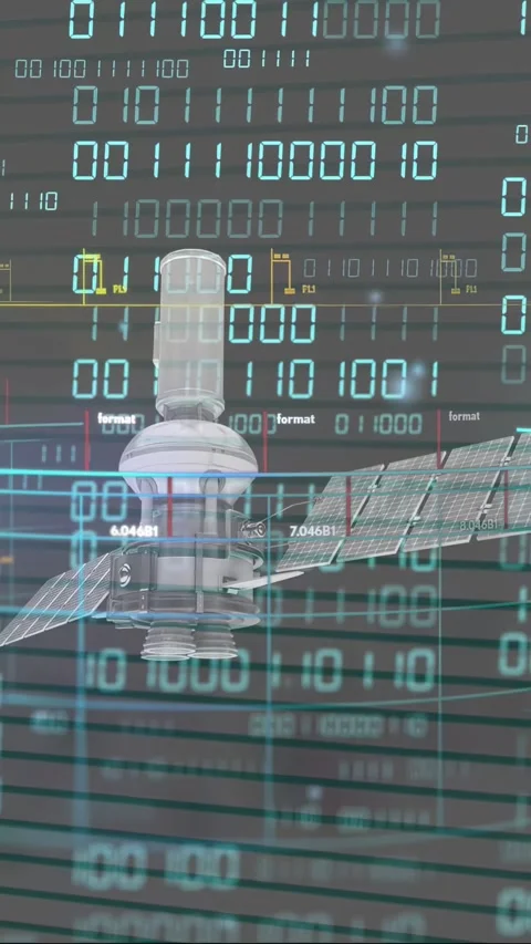 Vertical video: Binary HUD starting, 3D sat staying central as HUD scrolling Stock Footage 335263944