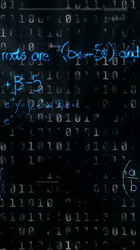 Vertical video: Binary matrix flickering, showing neon math and scrolling grids Stock Footage 334770990