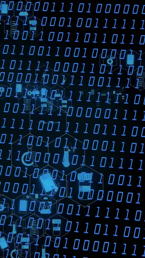 Vertical video: Binary matrix scrolling, icons forming links, pulsing and Stock Footage 334378200
