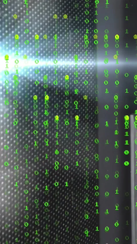 Vertical video: Binary overlay expanding from bright flare forming rain over Stock Footage 331337077