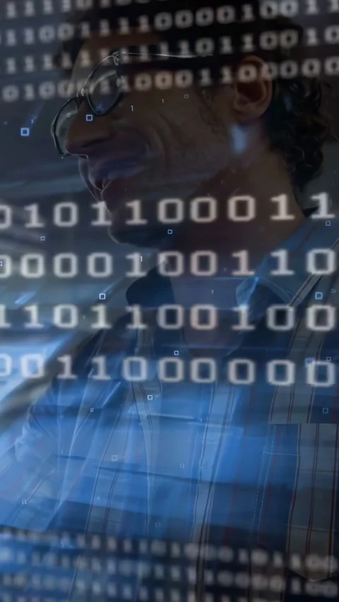 Vertical video: Binary overlay fading, man in plaid shirt, glasses turning Stock Footage 332381929
