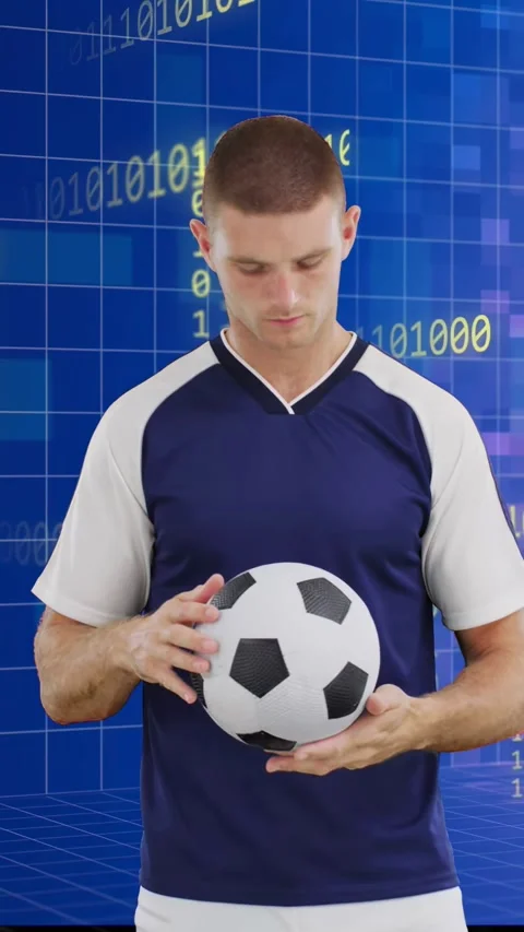 Vertical video: Binary overlay rising, man shifting hold, rotating ball, Stock Footage 334770795