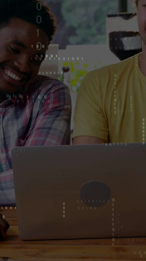 Vertical video: Binary overlay starting left leaning laughing, right pointing, Stock Footage 332984844