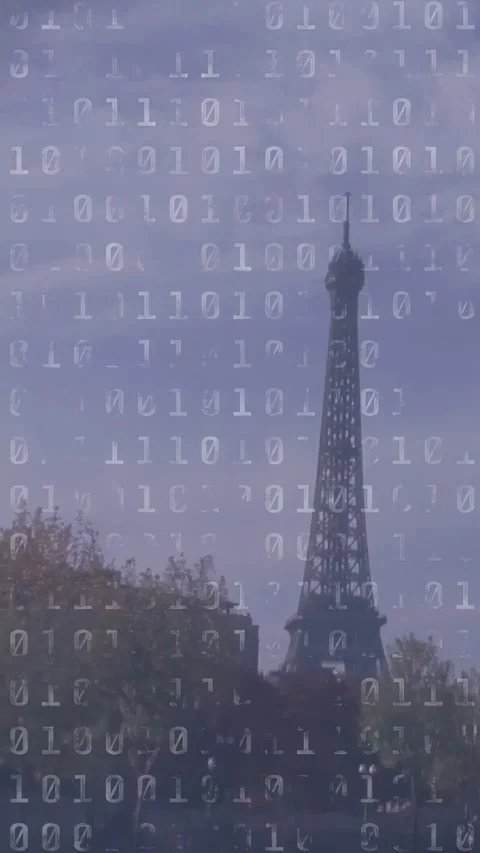 Vertical video: Binary overlay starting camera drifting, Eiffel Tower standing Stock Footage 333978268