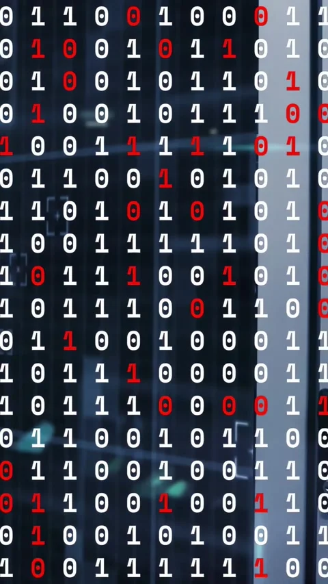 Vertical video: Binary overlay static as cam panning right, racks showing, LED Stock Footage 331270753