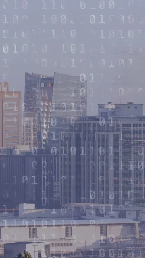 Vertical video: Binary overlaying skyline, pulse causing bits revealing code and Video stock 334046918