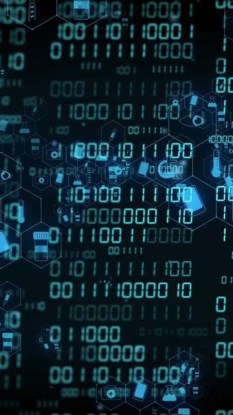 Vertical video: Binary pulse starting hex nodes forming and icons clustering, Stock Footage 334423397