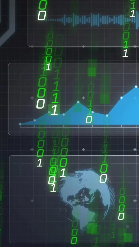 Vertical video: Binary rain starting HUD waveform, chart updating, globe Stock Footage 328632879