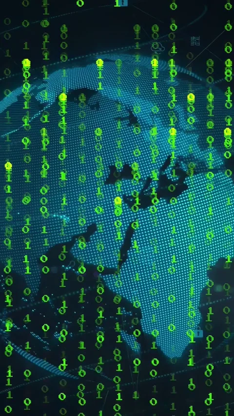 Vertical video: Binary rain starting cyan globe turning showing maps, showing Stock Footage 332735270