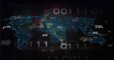 Vertical video: Binary stream driving neon world map tilting HUD, lighting hexes Stock Footage 331126072