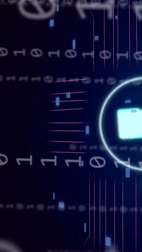 Vertical video: Binary stream starting glowing badges appearing pulsing rotating Stock Footage 332806898