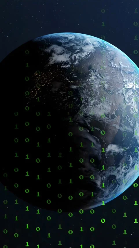 Vertical video: Binary stream starting Earth rotating while digits flowing Stock Footage 333174847