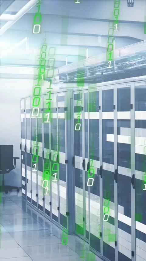 Vertical video: Binary streams emerging near ceiling cascading down server Stock Footage 331237926