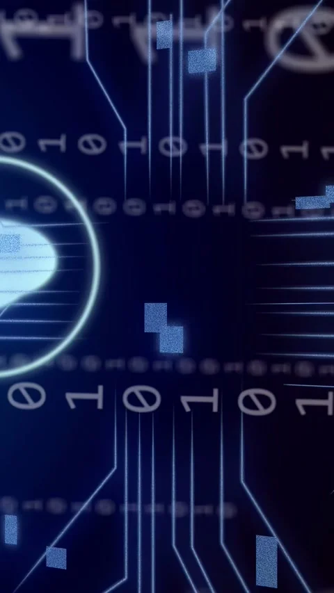 Vertical video: Binary streams sliding in from right, HUD icons moving and Stock Footage 332846360