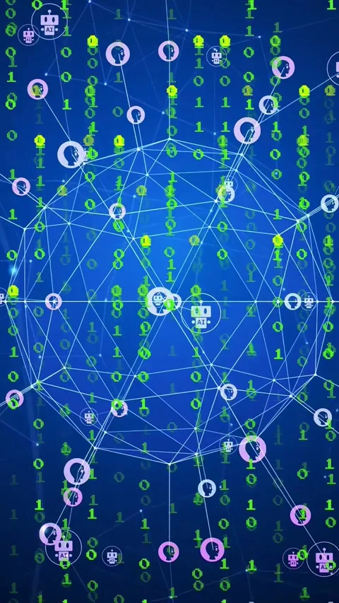 Vertical video: Binary surge rising, nodes pulsing, sliding, mesh globe Stock Footage 334378279