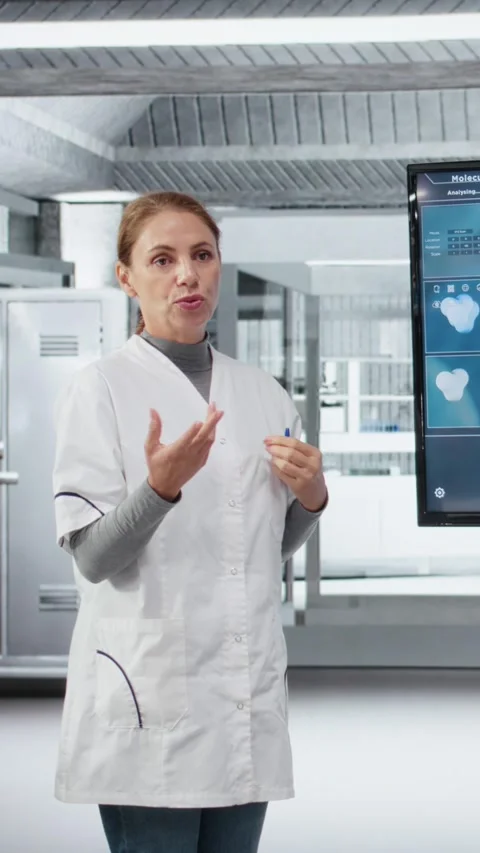 Vertical video Biotechnology expert in lab presenting innovative DNA sequencing Stock Footage 325680850