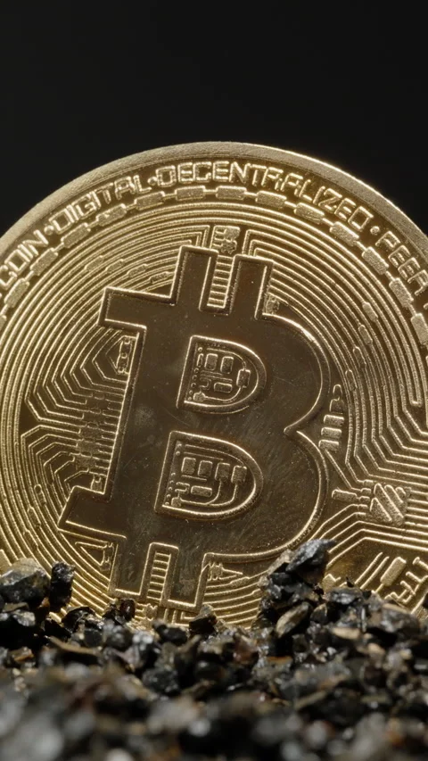 Vertical video. A Bitcoin Coin Embedded in Black Stones Slowly Turns, Reflecting Video stock 296469807