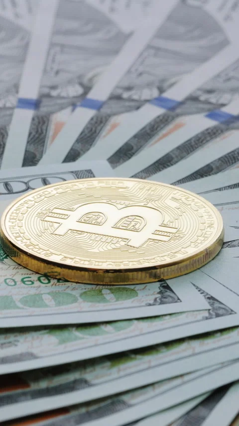 Vertical Video of Bitcoin crypto currency stacked with 100 dollar bills Stock Footage 304331906