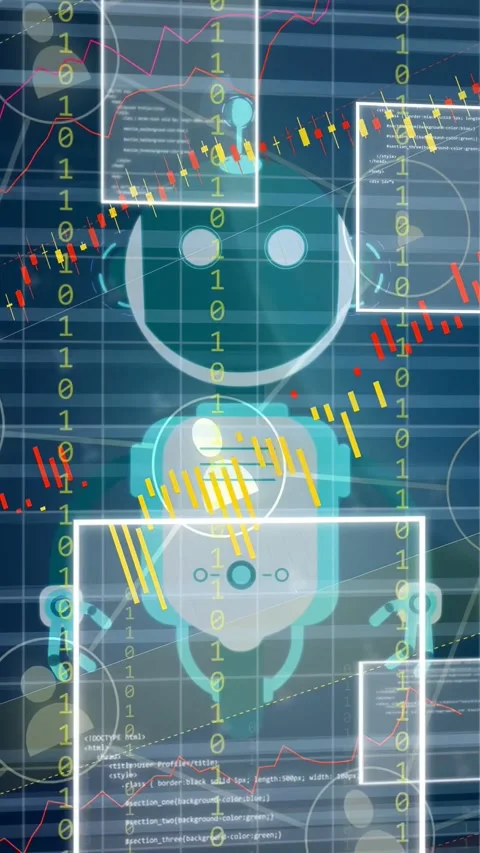 Vertical video: Bits flowing, robot shifting face, UI panes moving, charts Stock Footage 334917090