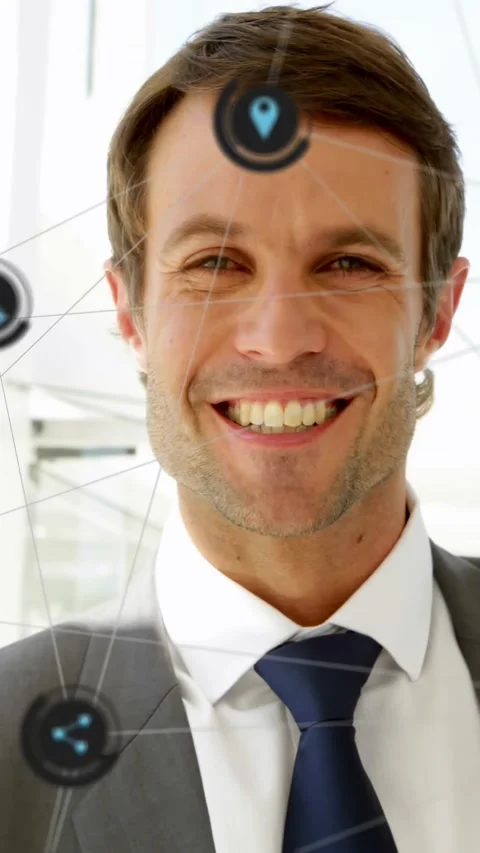 Vertical video: Biz exec standing center, frames starting with icons crossing Stock Footage 334602484