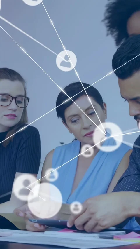 Vertical video: Biz team moving docs to tab as man pulling tab network icons Stock Footage 334549862
