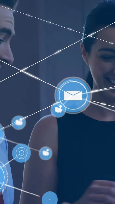 Vertical video: Biz team tapping tablet as mail icon appearing and network Stock Footage 330965591