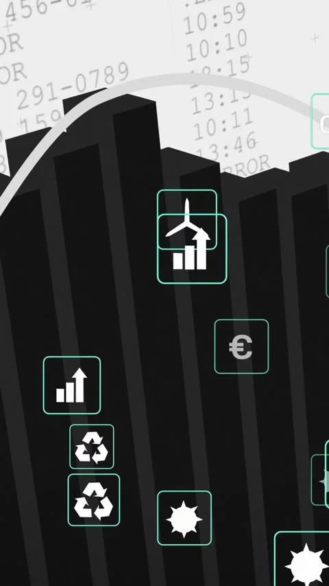 Vertical video: Black 3D bar chart rotating on play, curve rising, icons Stock Footage 332845604