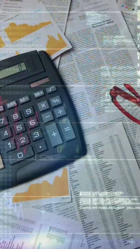 Vertical video: Black calculator left, camera tilting, overlays moving, red Stock Footage 334546747