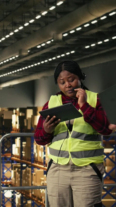 Vertical Video Black call center worker using headset to handle tracking numbers Vidéo 330375967