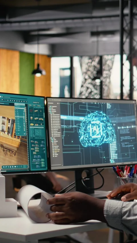 Vertical Video Black developer uses AI systems for housing and commercial Stock Footage 316186805