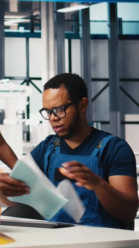 Vertical Video Black engineer implements automation logic in solar factory Stock Footage 308890754
