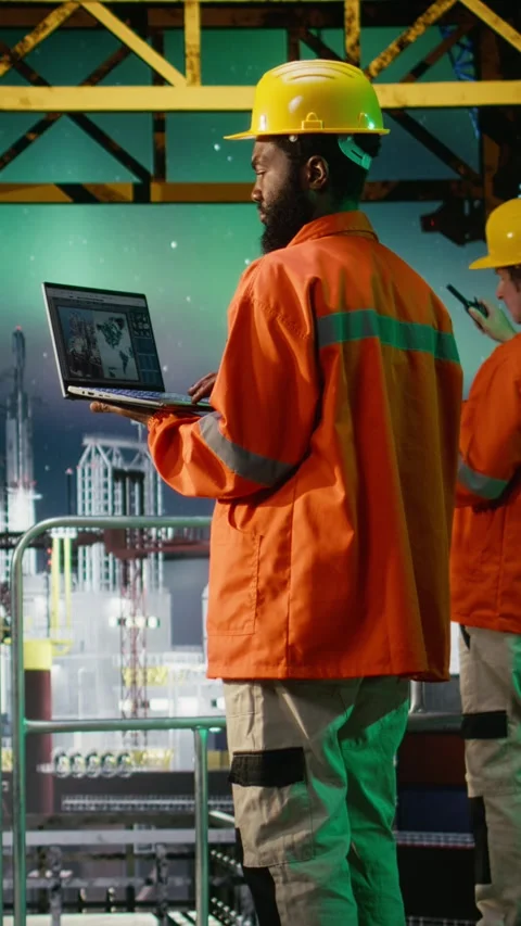 Vertical Video Black engineer on an offshore platform reviewing emission data 스톡 동영상 321475116