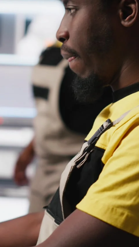 Vertical Video Black engineer works on solar software settings in automated Stock Footage 308979031