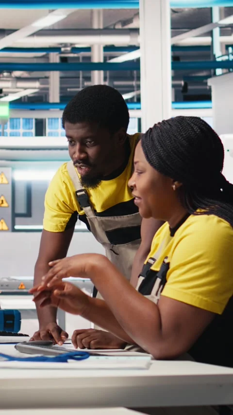 Vertical Video Black engineering team working at a high tech solar panel factory Stock Footage 308891383