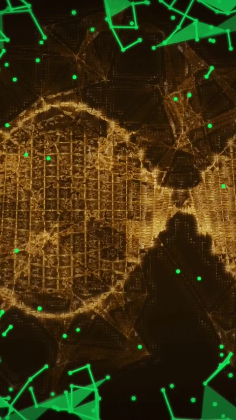 Vertical video: Black frame fading gold ring rising turning while green dots Stock Footage 329552823