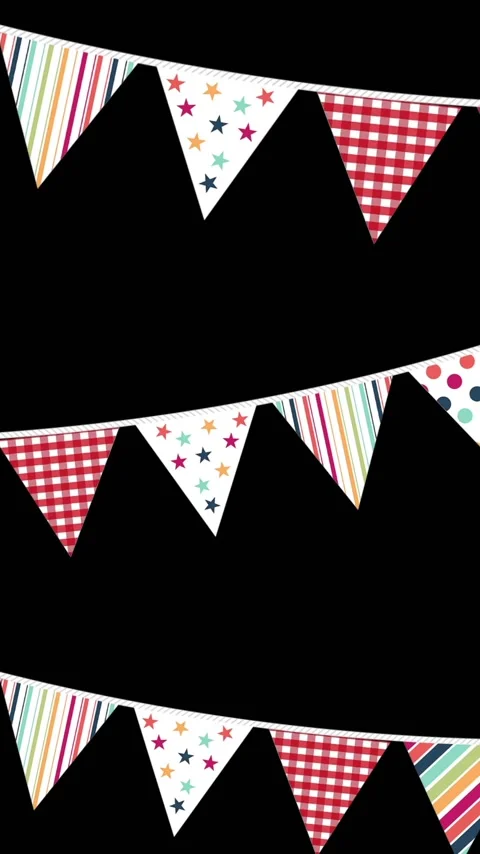 Vertical video: Black frame fading 3 bunting strings sliding patterned flags Stock Footage 348374401