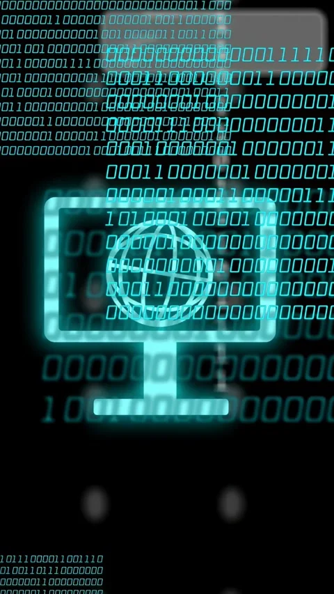 Vertical video: Black frame starting monitor fading, binary sliding, icons Stock Footage 335802705