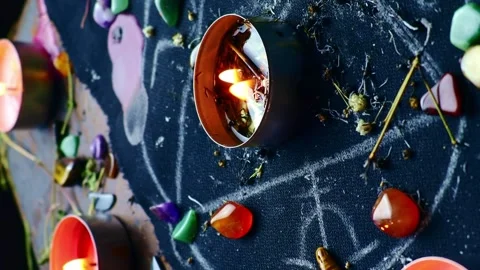 Vertical video, Black magic ritual background with magical altar, candles Stock Footage 248087729