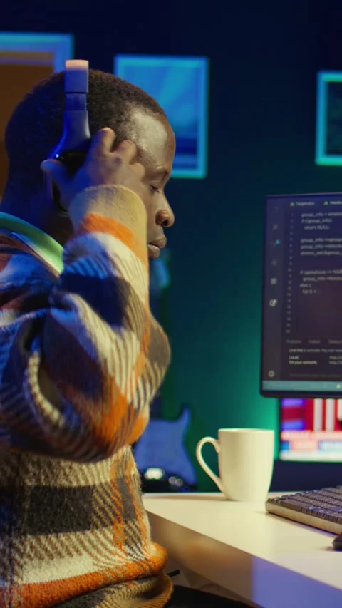 Vertical Video Black man programmer manages code and scripts in artificial Video stock 319526501