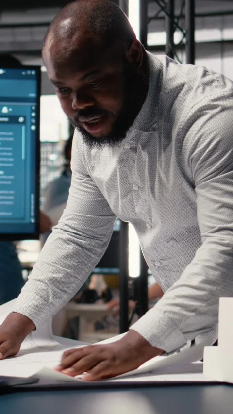 Vertical Video Black property engineer collecting construction details on Stock Footage 316187544