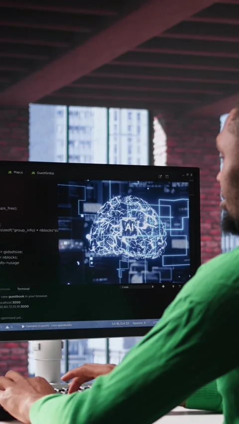 Vertical Video Black tech engineer programming an AI brain neural network for Stock Footage 307642254