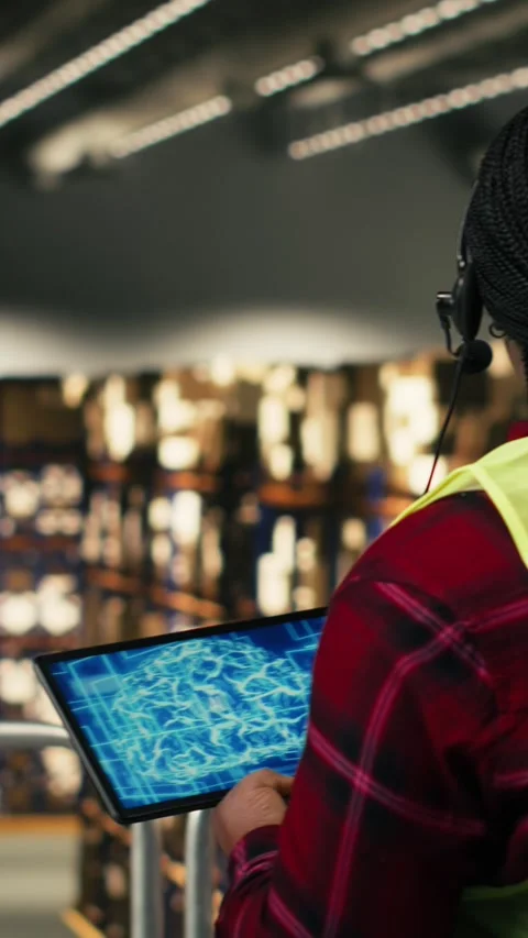 Vertical Video Black warehouse staff, headset and tablet, AI systems, customer Stock Footage 330028345