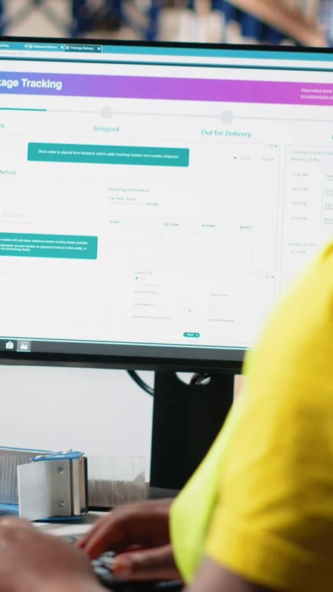 Vertical Video Black woman processing orders next to AI-generated brain for Stock Footage 312578934