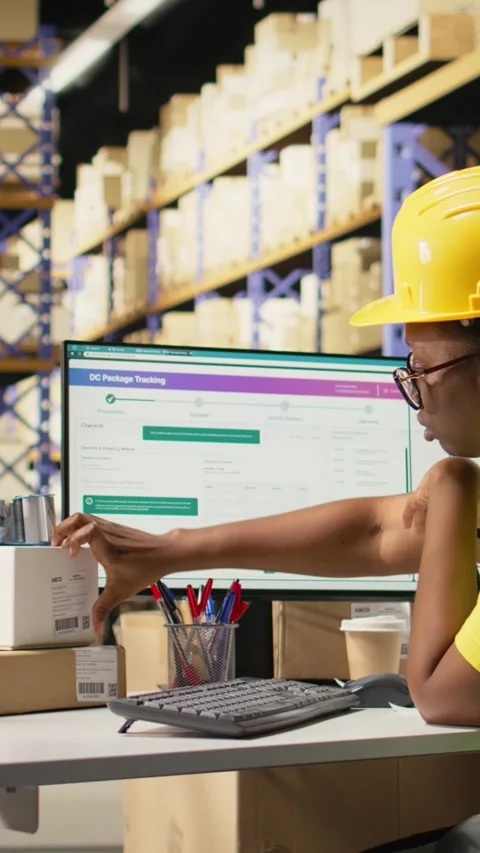 Vertical Video Black worker applying and scanning barcodes awb tags on cargo Stock Footage 315253960