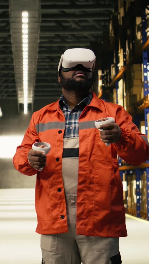 Vertical Video Black worker practices parcel scanning in VR environment with 스톡 동영상 333089874